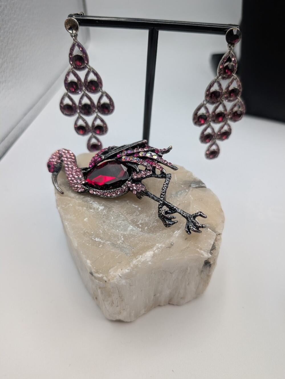 Elegant Pink Red Rhinestone Flamingo Bird Brooch Pin Fashion Dangle Earring SET